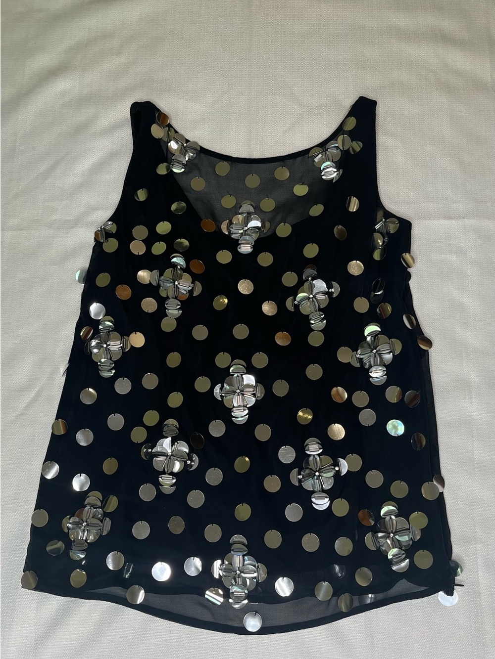 Milly Black Sequin Tank Top Metallic Disc Embellished Floral Party Glam Sparkle